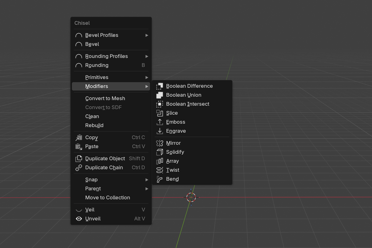 the Chisel right-click context menu